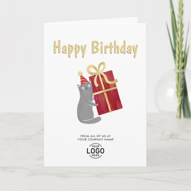 Add Logo Cute Cat Burgundy Gift Business Birthday Card (Front)