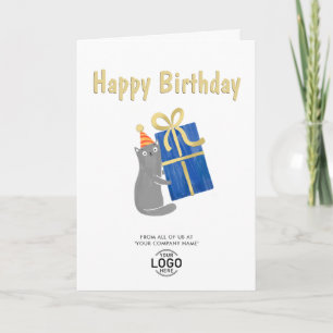 Add Logo Cute Cat Navy Blue Gift Business Birthday Card