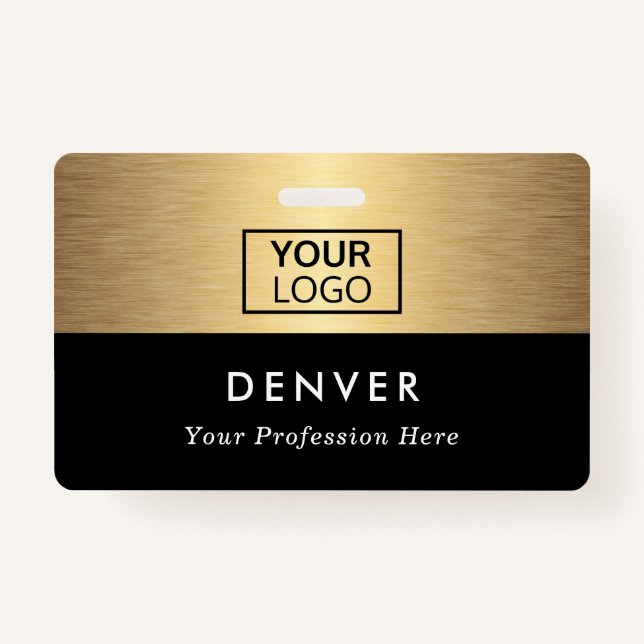 Add logo employee name title black golden gradient ID badge (Front)