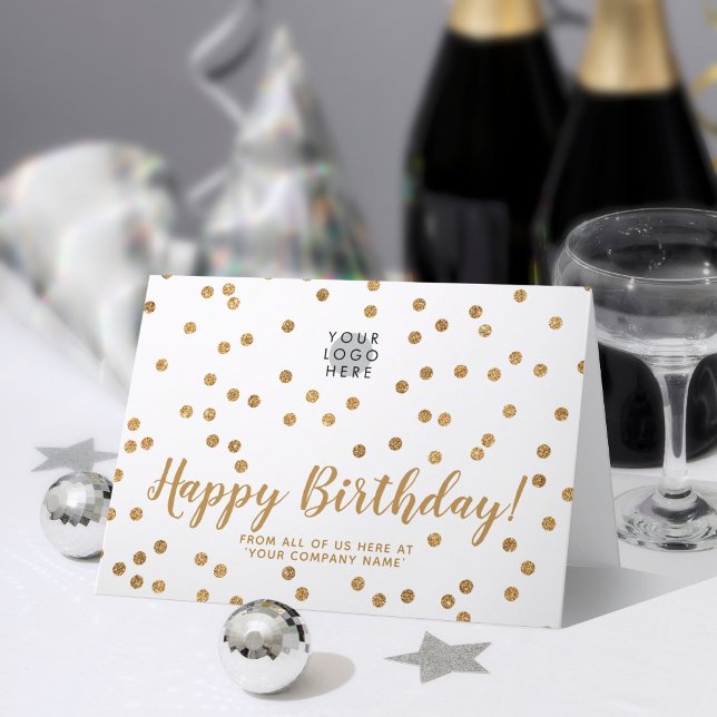 Add Logo Faux Glitter Gold Confetti Happy Birthday Card (Creator Uploaded)