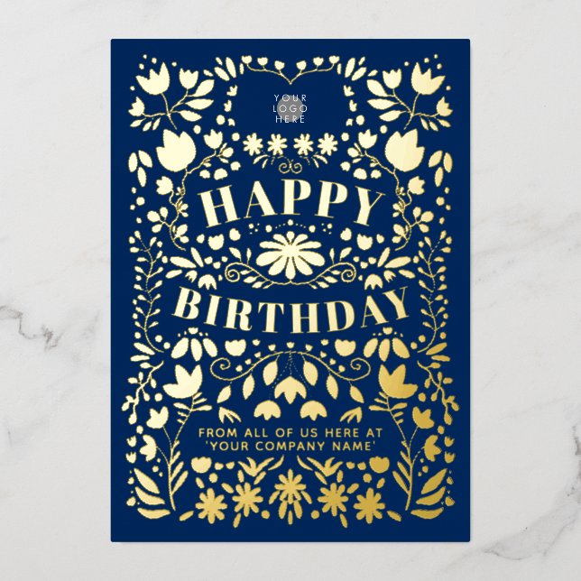 Add Logo Folk Flowers Business Navy Gold Foil Card (Front)