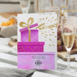 Add Logo Fun Gifts Happy Birthday Boxes Business Card<br><div class="desc">Remind clients, employees and business partners that you're thinking of them with our original Custom Logo Watercolor Happy Birthday Card. Featuring an original watercolor painting of three pink gift boxes with faux gold elements and confetti sprinkling out of the top box, with Happy Birthday text. Please note that gold in...</div>