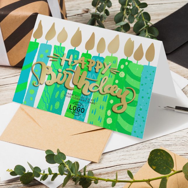 Add Logo Fun Green Candles Business Happy Birthday Card (Creator Uploaded)