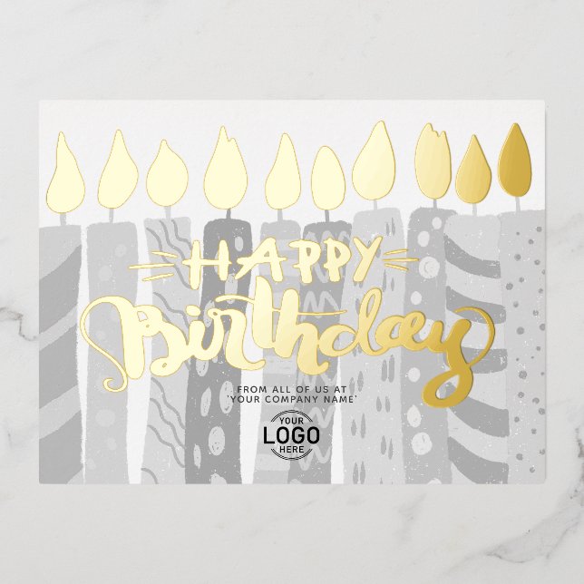 Add Logo Fun Grey Candles Business Happy Birthday Foil Holiday Postcard (Front)