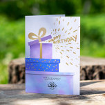 Add Logo Fun Warm Purple Blue Gifts Boxes Business Card<br><div class="desc">Remind clients, employees and business partners that you're thinking of them with our original Custom Logo Watercolor Happy Birthday Card. Featuring an original watercolor painting of three purple and blue colour gift boxes with faux gold elements and confetti sprinkling out of the top box, with Happy Birthday text. Please note...</div>