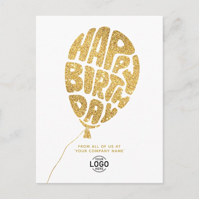 Add Logo Gold Glitter Balloon Business Birthday Holiday Postcard (Front)