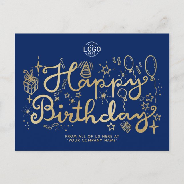 Add Logo Gold Navy Blue Business Happy Birthday Holiday Postcard (Front)
