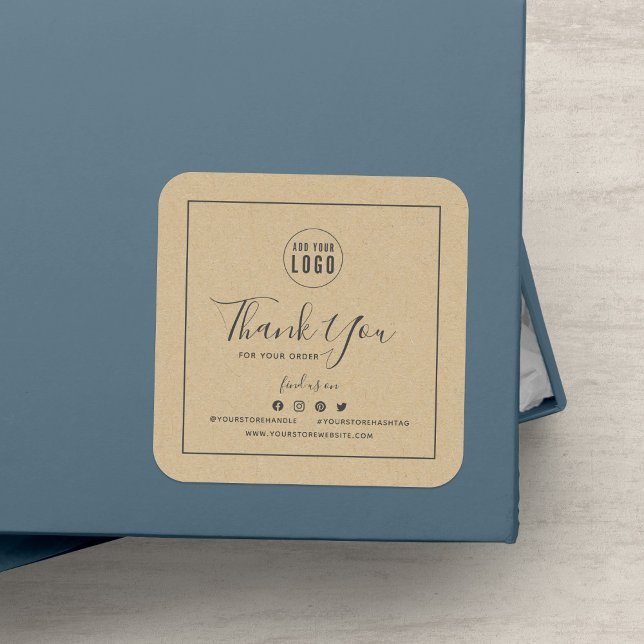 Add Logo Grey Border Social Media Thank You Kraft Square Sticker (Creator Uploaded)