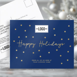 Add Logo Minimalist Gold Stars Navy Business Happy Holiday Postcard
