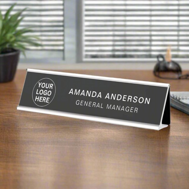 Add Logo - Name - Title Here l Black & White  Desk Name Plate (Creator Uploaded)