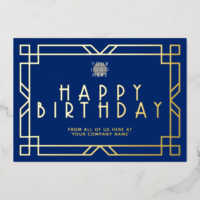 Add Logo Navy Blue Art Deco Business Birthday Gold (Front)