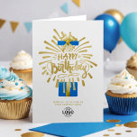 Add Logo Navy Blue Gold Fireworks Group Birthday Card<br><div class="desc">Customise this fun modern simple business Happy Birthday Card. Stylish clean design featuring faux gold fireworks with hand lettering Happy Birthday text from an opened navy blue watercolor gift box with faux gold ribbon. Please note that the gold elements are beige yellow flat colour print and not an actual gold...</div>