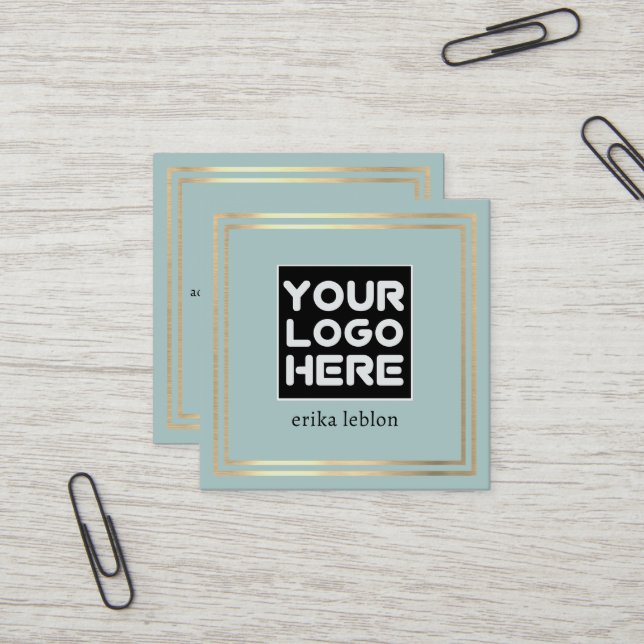 Add Logo on front side | teal blue square Business Card (Front/Back In Situ)