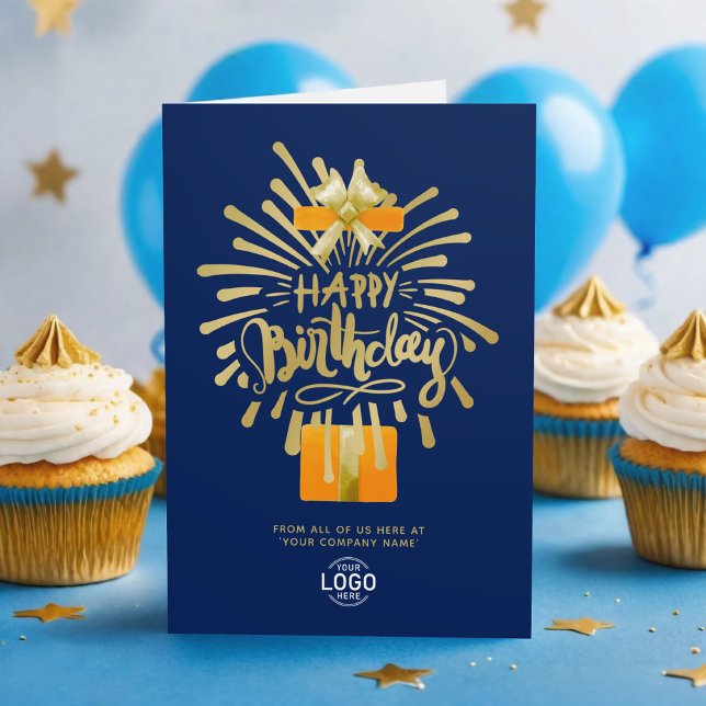 Add Logo Orange Gift Gold Navy Blue Group Birthday Card (Creator Uploaded)
