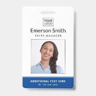 Add logo photo blue white employee name title id badge