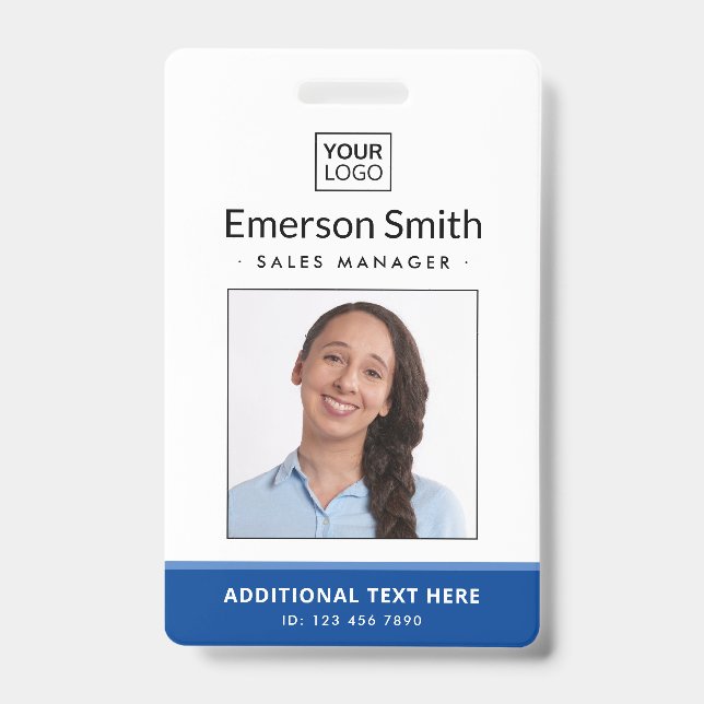 Add logo photo blue white employee name title id badge (Front)