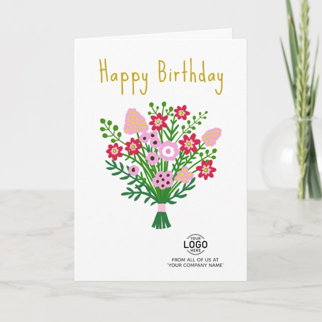 Add Logo Pink Red Folk Flowers Business Birthday Card (Front)