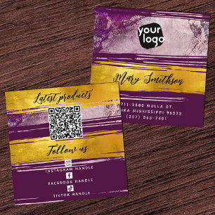 Add Logo & QR Code Modern Gold Purple Personalised Square Business Card