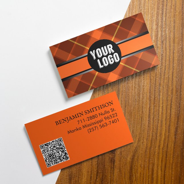     Add Logo & QR Code Orange Plaid Modern Branded Business Card (Creator Uploaded)