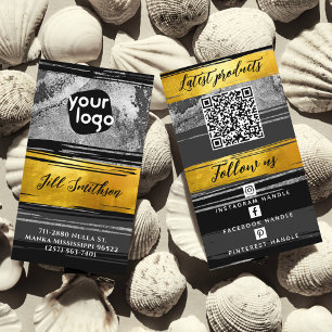 Add Logo QR Code Social Media Black Gold Charcoal Business Card