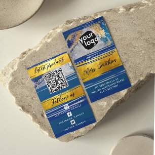 Add Logo QR Code & Social Media Gold Navy Blue Business Card