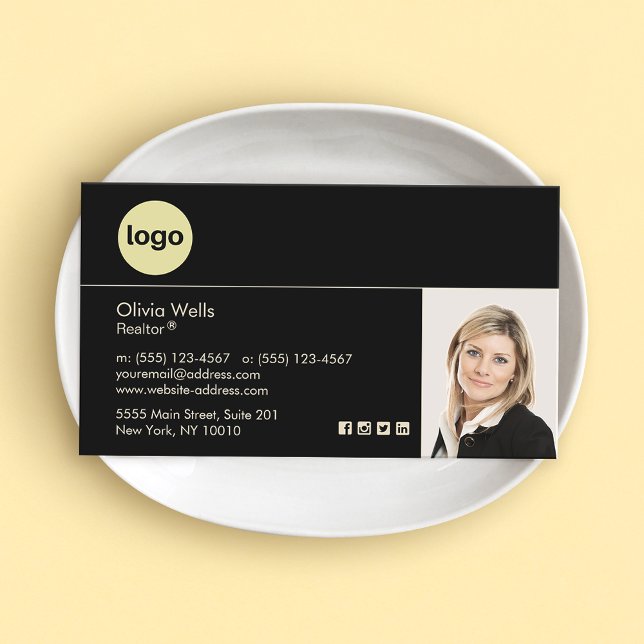 Add Logo Real Estate Agent Black Photo Business  Card (Creator Uploaded)