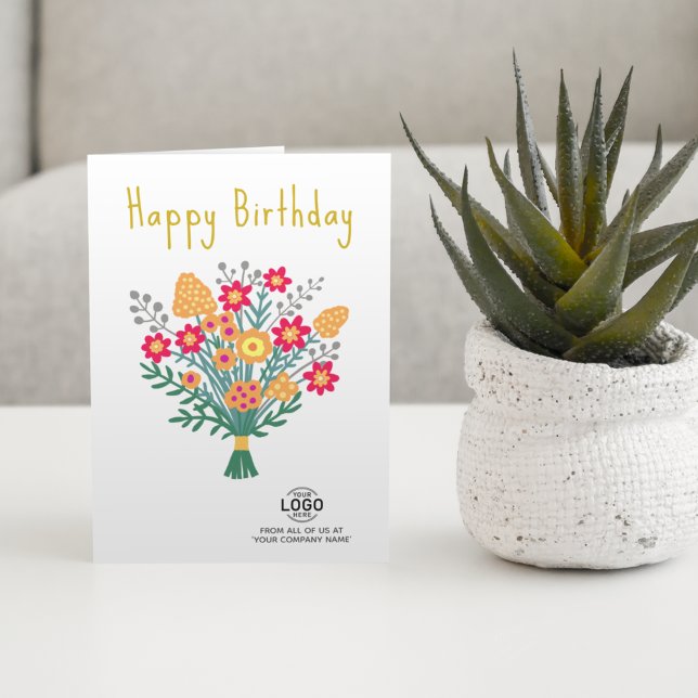 Add Logo Red Orange Folk Flowers Business Birthday Card (Creator Uploaded)