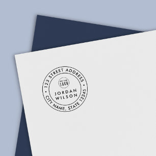 Add Logo Round Double Border Modern Return Address Self-inking Stamp