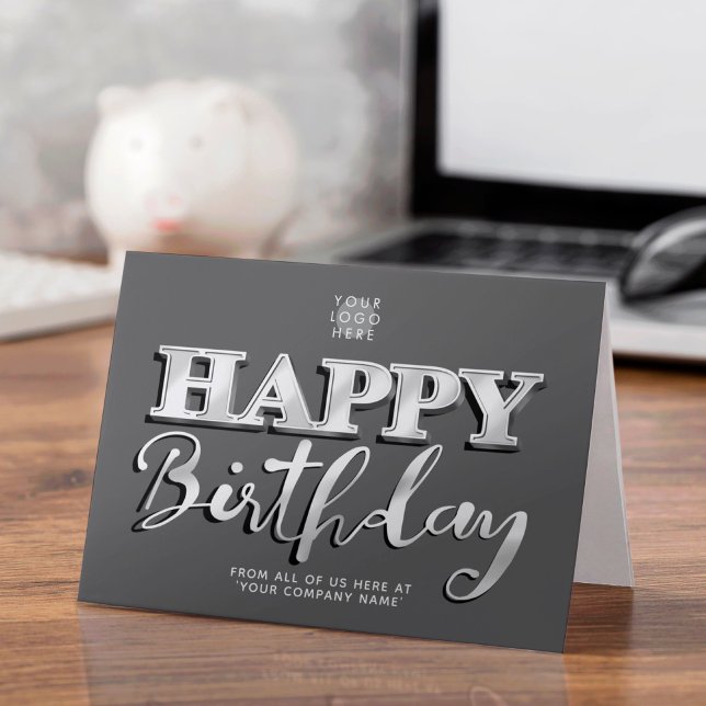 Add Logo Silver 3d Modern Grey Business Birthday Card (Creator Uploaded)