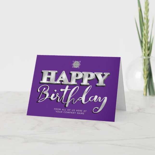 Add Logo Silver Lettering Purple Business Birthday Card (Front)