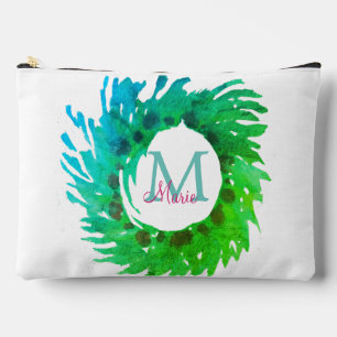 Add monogram pink green green Christmas wreath Accessory Pouch