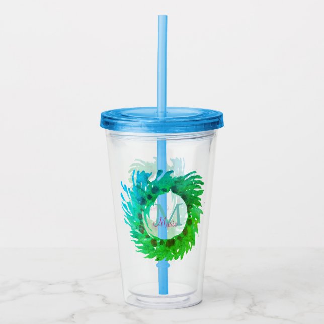 Add monogram pink green green Christmas wreath Acrylic Tumbler (Front)