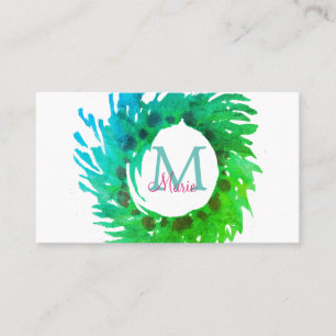 Add monogram pink green green Christmas wreath Business Card