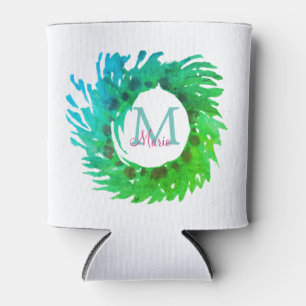 Add monogram pink green green Christmas wreath Can Cooler