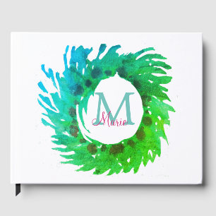 Add monogram pink green green Christmas wreath Guest Book