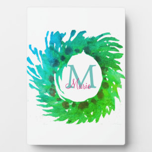Add monogram pink green green Christmas wreath Plaque