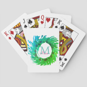 Add monogram pink green green Christmas wreath Playing Cards