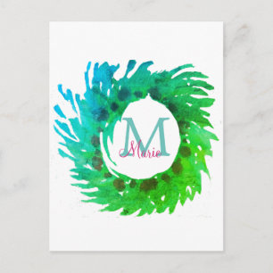 Add monogram pink green green Christmas wreath Postcard