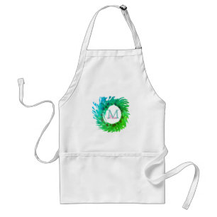 Add monogram pink green green Christmas wreath Standard Apron