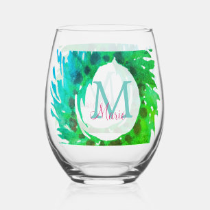 Add monogram pink green green Christmas wreath Stemless Wine Glass