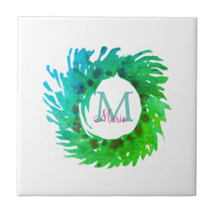 Add monogram pink green green Christmas wreath Tile