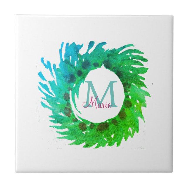 Add monogram pink green green Christmas wreath Tile (Front)