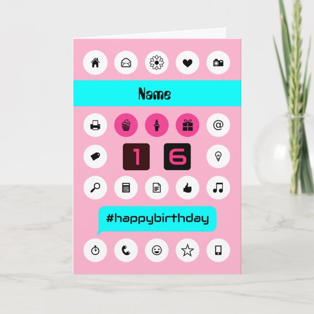 Add name 16th hashtag birthday smartphone icons card (Front)