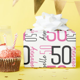 Add Name 50th Birthday Pink Black Wrapping Paper