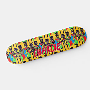 Add Name, Abstract African Figures on Yellow Skate Skateboard