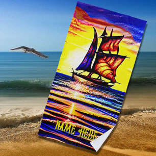Add Name, Abstract Sailing Ship with Brown Sails Beach Towel
