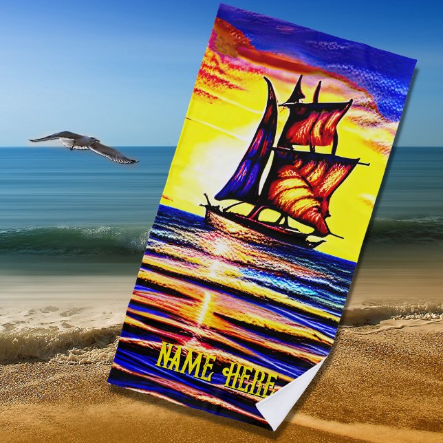 Add Name, Abstract Sailing Ship with Brown Sails Beach Towel (Creator Uploaded)