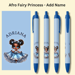 Add Name, Afro Fairy Princess on Blue Black Ink Pen