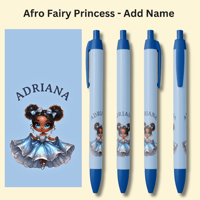 Add Name, Afro Fairy Princess on Blue Black Ink Pen (Creator Uploaded)