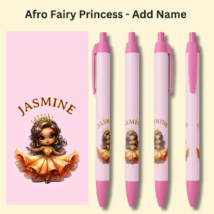 Add Name, Afro Fairy Princess on Pink Black Ink Pen
